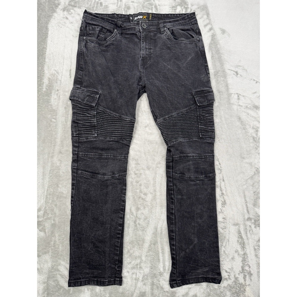 Raw X Cargo Moto Jeans Mens 36x30 Black Denim Pants Biker Ribbed Stretch 90s Y2K